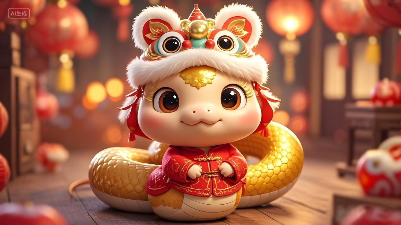 2025蛇年金色蛇宝宝蛇年吉祥物醒狮头套喜庆电脑春晚电视背景壁纸新年