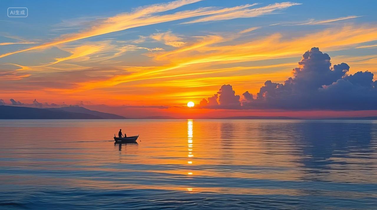 海上日落黄昏出海打渔渔船海景唯美自然风景风光旅游旅行摄影图电脑壁纸