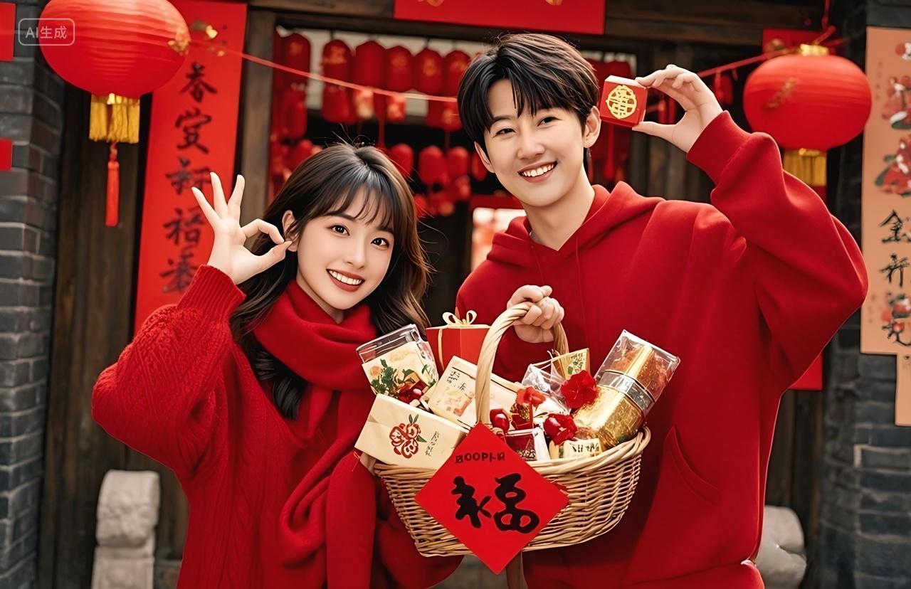 2025年新年蛇年元旦节新春人物手拿年货开心拍照拜年合影