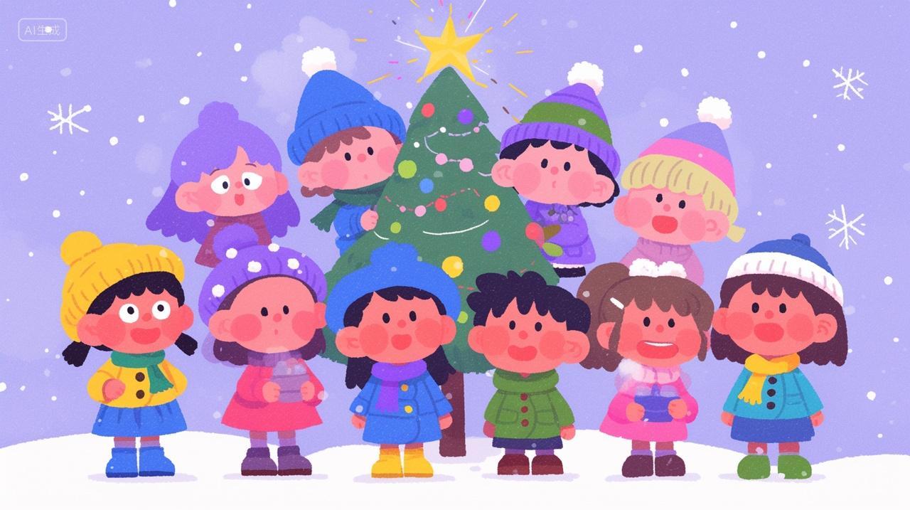 圣诞节穿着可爱新衣服的小朋友围着圣诞树玩耍温馨欢快儿童插画