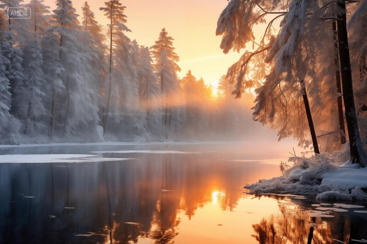 冬天户外清晨阳光雪森林湖泊雾气自然旅行