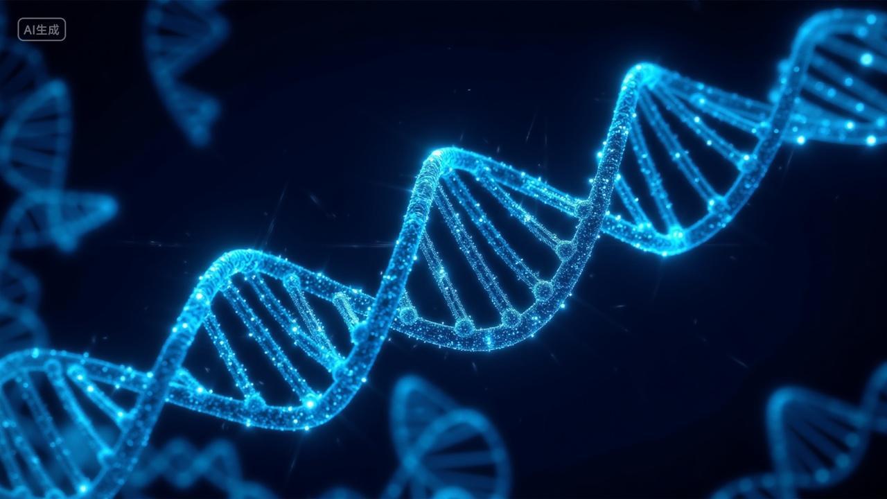 深蓝色明亮DNA双螺旋结构显微镜下生物医学科技感医疗摄影图