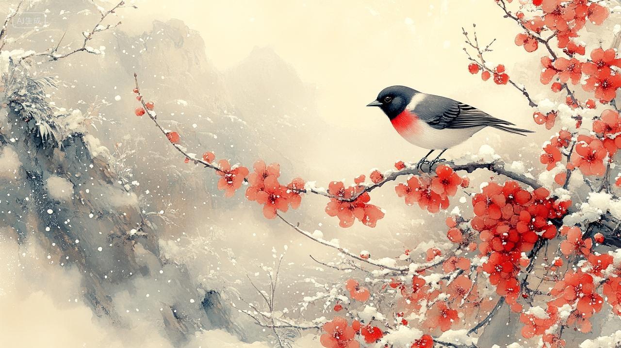 冬天古风中国风喜鹊下雪雪中雪景梅花手绘插画唯美意境背景电脑壁纸