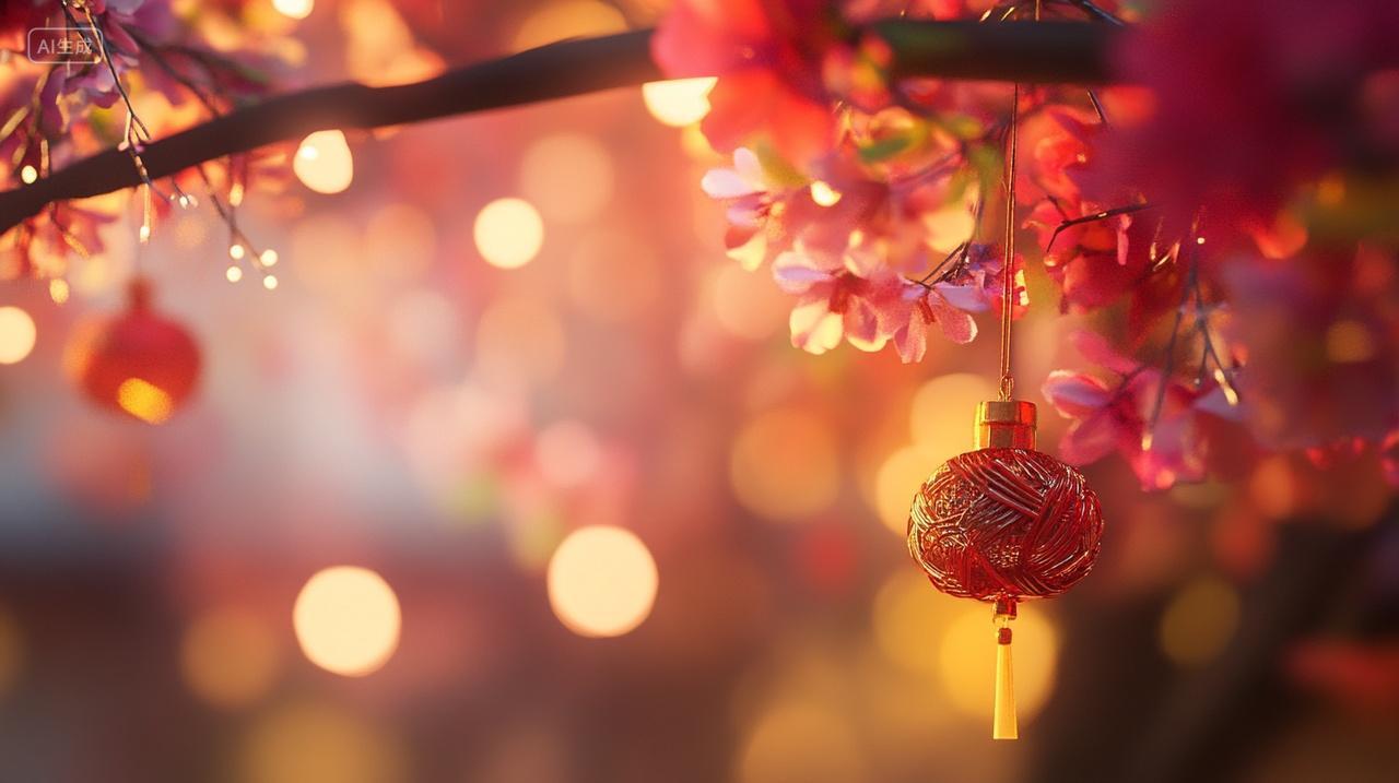 蛇年2025新春新年中国红灯笼挂饰模糊背景暖色调喜庆元素元旦除夕背景