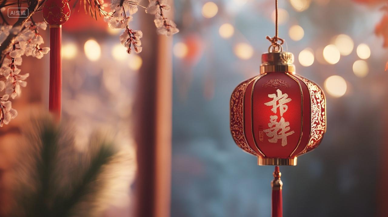 蛇年2025新春中国灯笼挂饰模糊背景暖色调喜庆元素元旦除夕背景