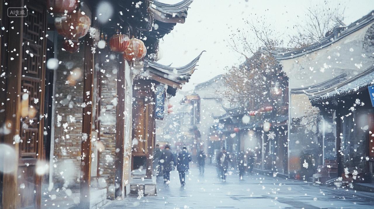 冬季冬天古老中国城市街道行人行走雪花飘落大寒小寒大雪古街插画