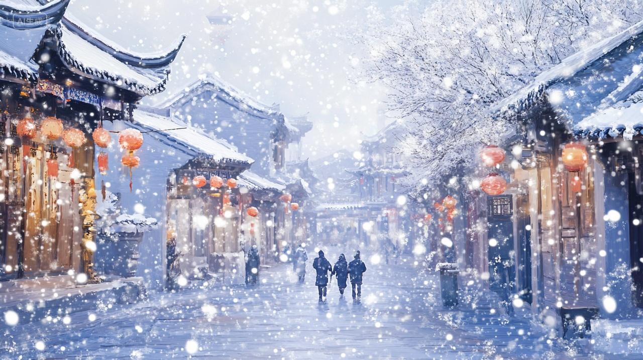 冬天冬季冬天古老中国城市街道行人行走雪花飘落大寒小寒大雪传统节气插画