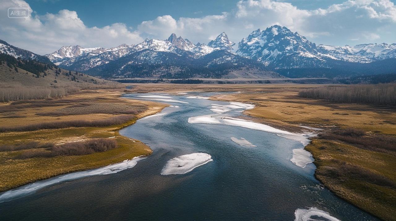 雪山下一条融化雪水的河流冰川融水自然现象大自然风景风光电脑壁纸