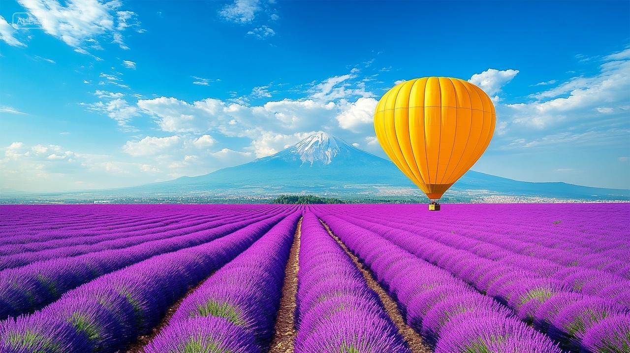 紫色薰衣草田上方有一个黄色热气球唯美浪漫风景背景图电脑壁纸广角拍摄