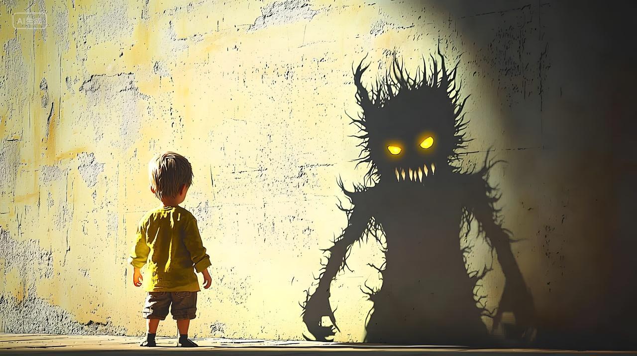 儿童心理健康孩子面对一个可怕影子生物隐喻图
