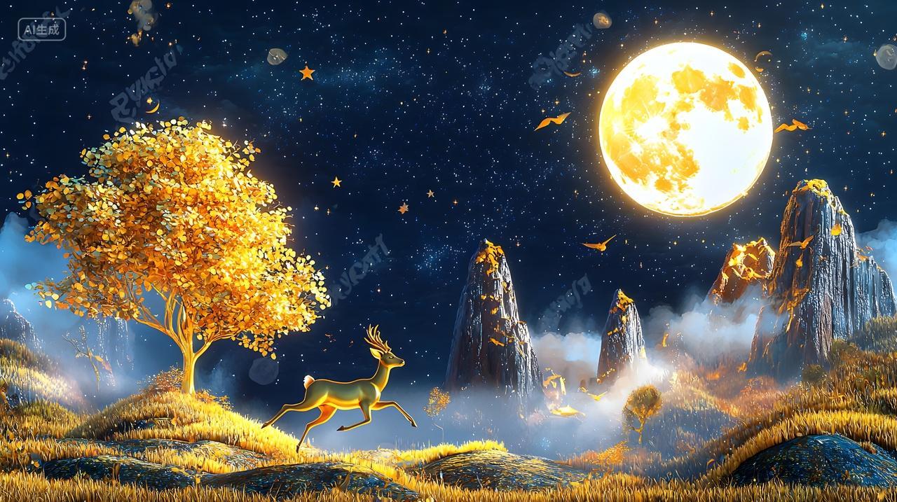 金鹿在明亮月亮下奔跑山水风景图