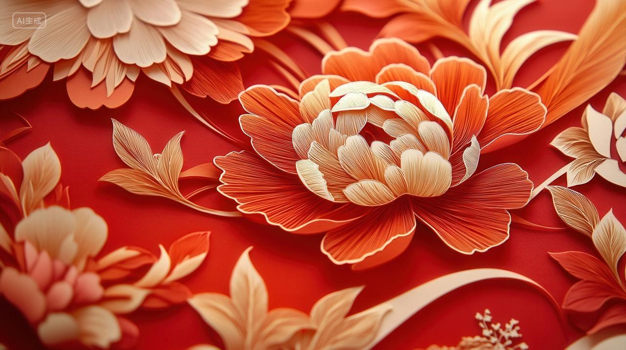 中国风红纸剪纸纹绣刺绣花纹花卉艺术背景