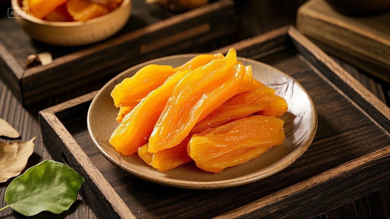 木质托盘里的金色红薯干美食小吃零食