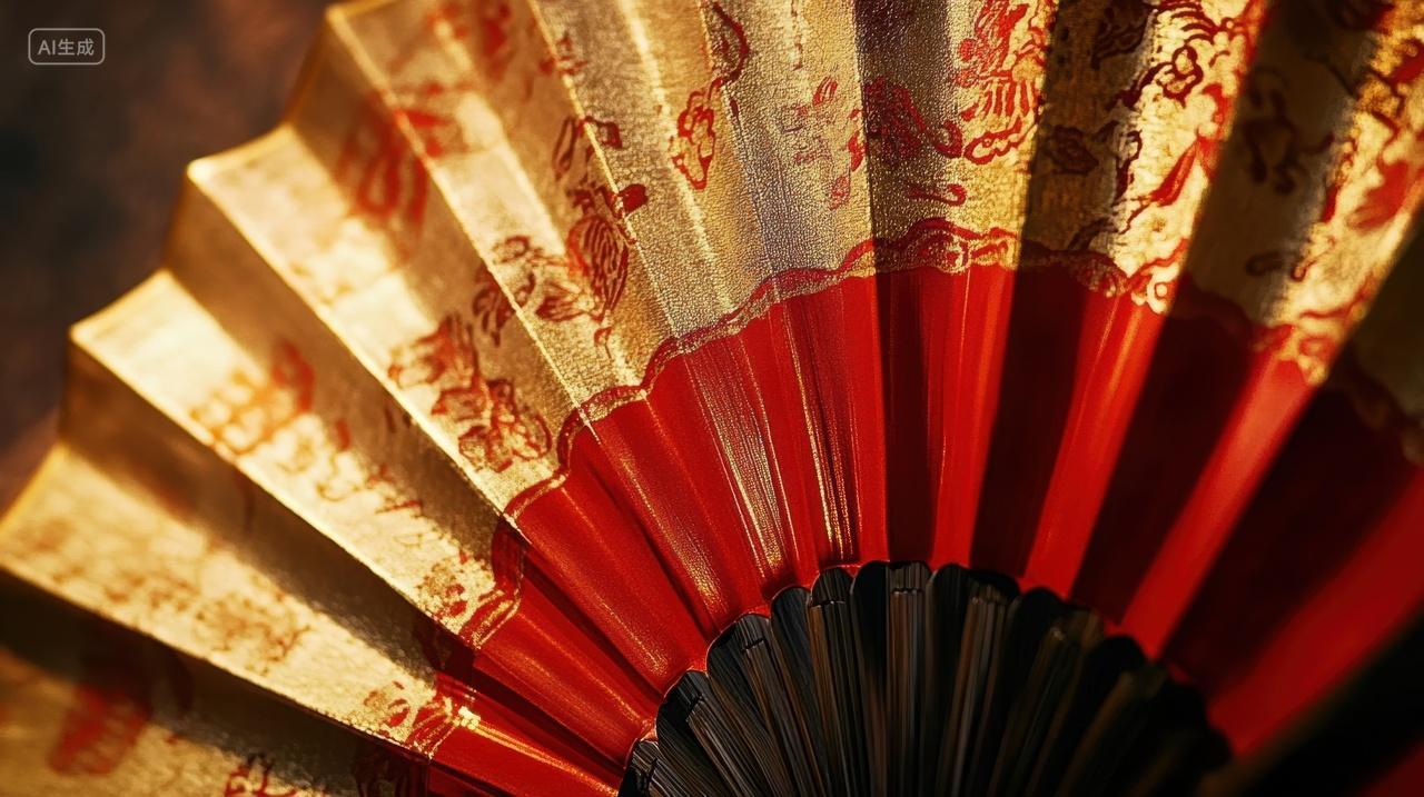 中国风红色金色传统文化物品物件折扇
