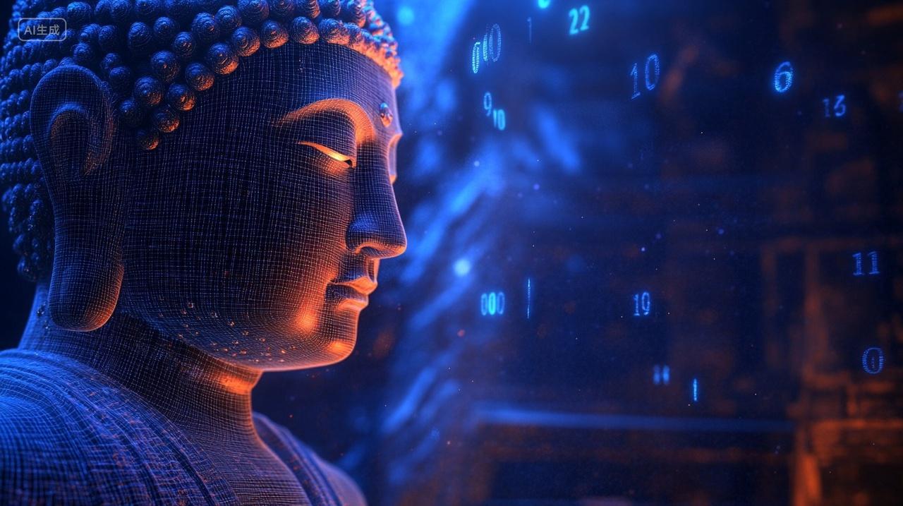 科技感上半身蓝色发光佛像科技线条代码科技概念创意图