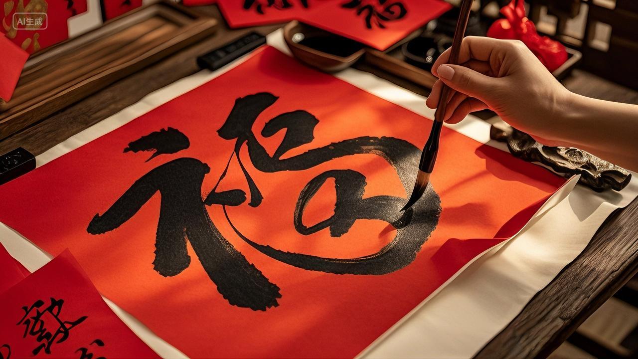2025年新年蛇年春节过年新春手写福字毛笔书法喜庆吉祥摄影图