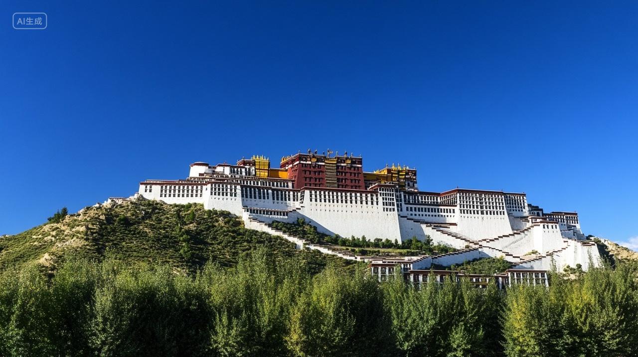 西藏拉萨布达拉宫历史建筑的远镜头拍摄蓝天下的全景人文风景景区旅游