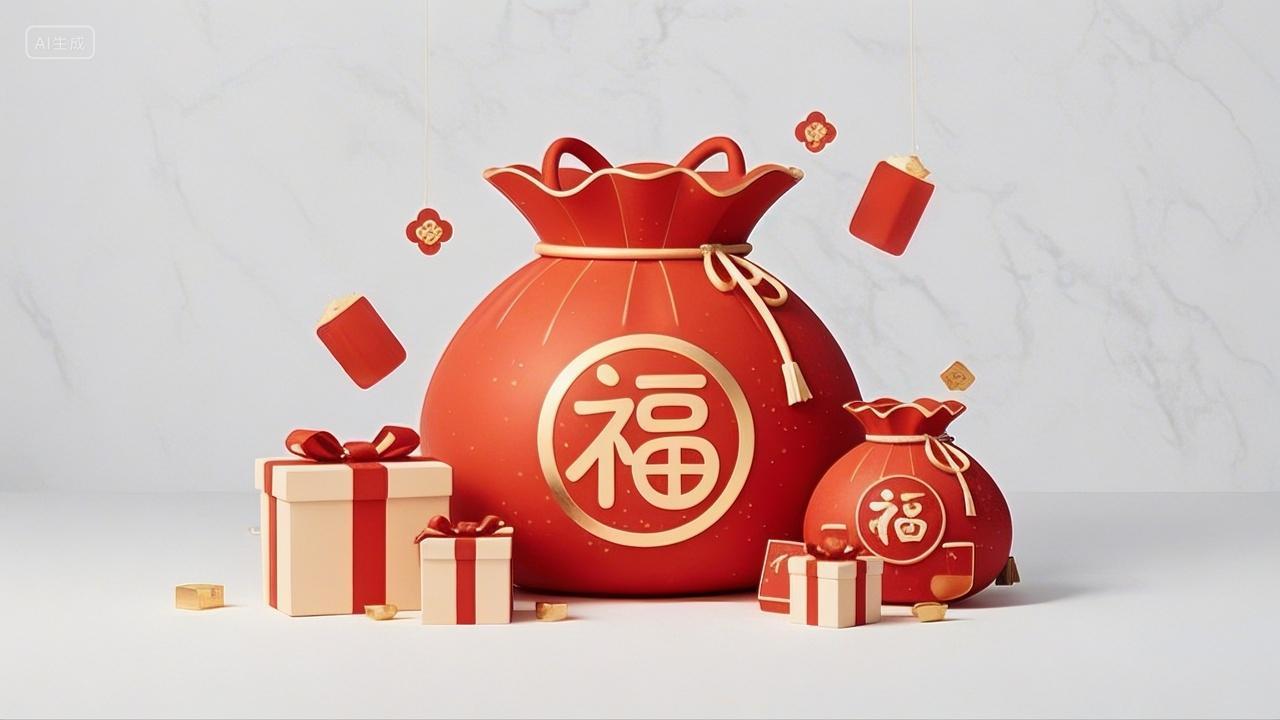 2025年新年蛇年元旦节新春3D春节福袋礼盒礼物素材白底素材