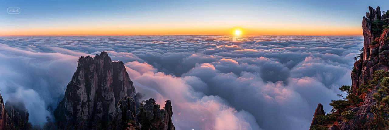 日出序曲山峰间的云海晨光初现自然风光风景唯美大气背景图banner图