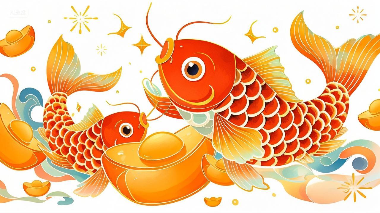 2025年新年蛇年元旦节新春春节过年锦鲤年年有余年年有鱼金元宝吉祥喜庆插画