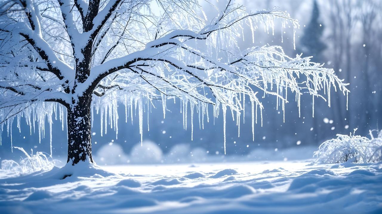 冬天小雪大雪传统节气树枝上挂着冰霜冰柱冬天雪地唯美的自然风景画背景图片电脑壁纸