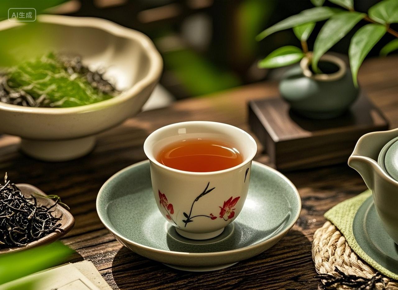 茶叶普洱茶红茶杯子陶瓷杯子产品图叶子道具茶具中国风茶道茶文化