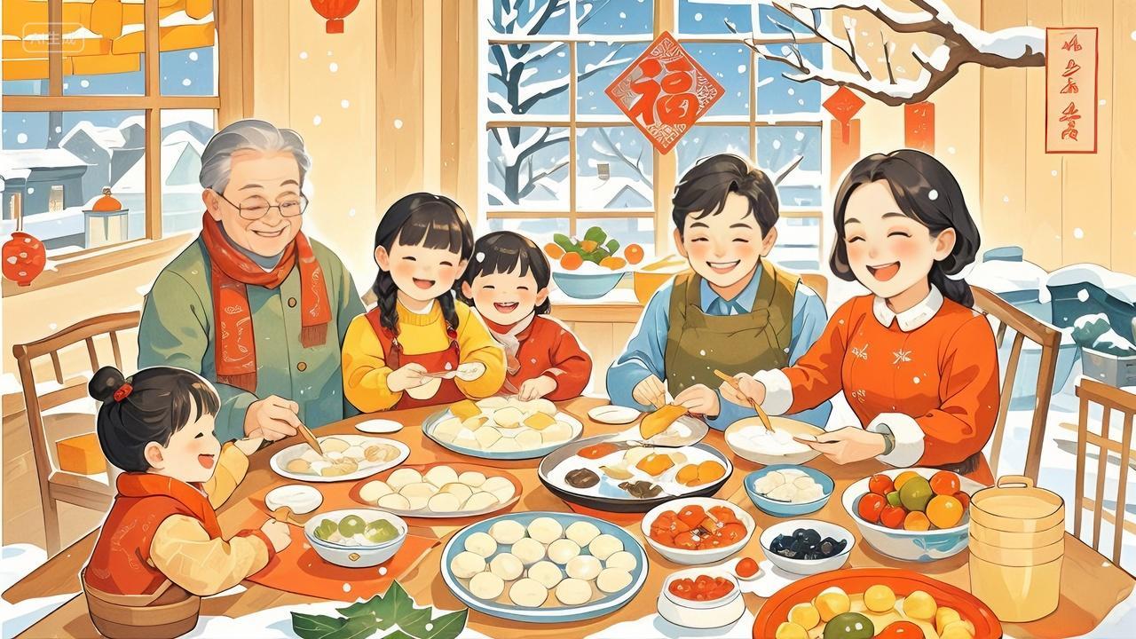 2025年新年蛇年元旦节新春春节冬至一家人团圆吃饺子插画