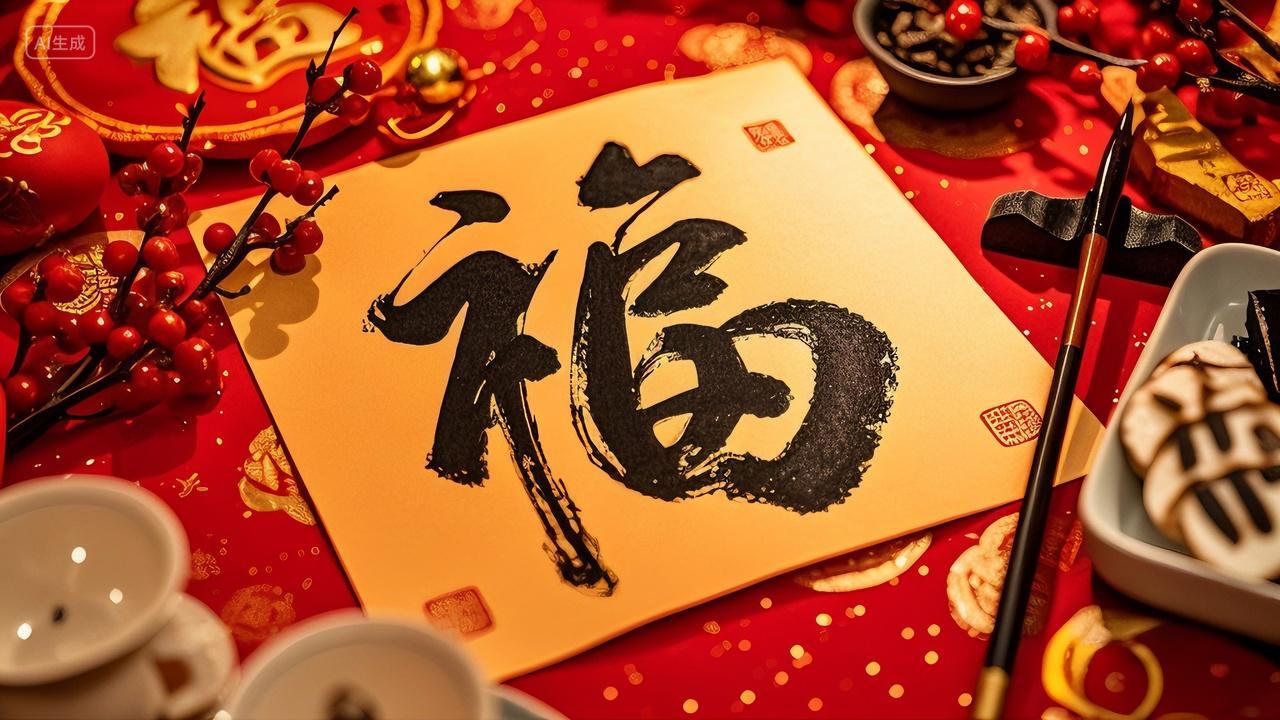 2025新年蛇年毛笔书写福字书法中国风春节过年节日喜庆