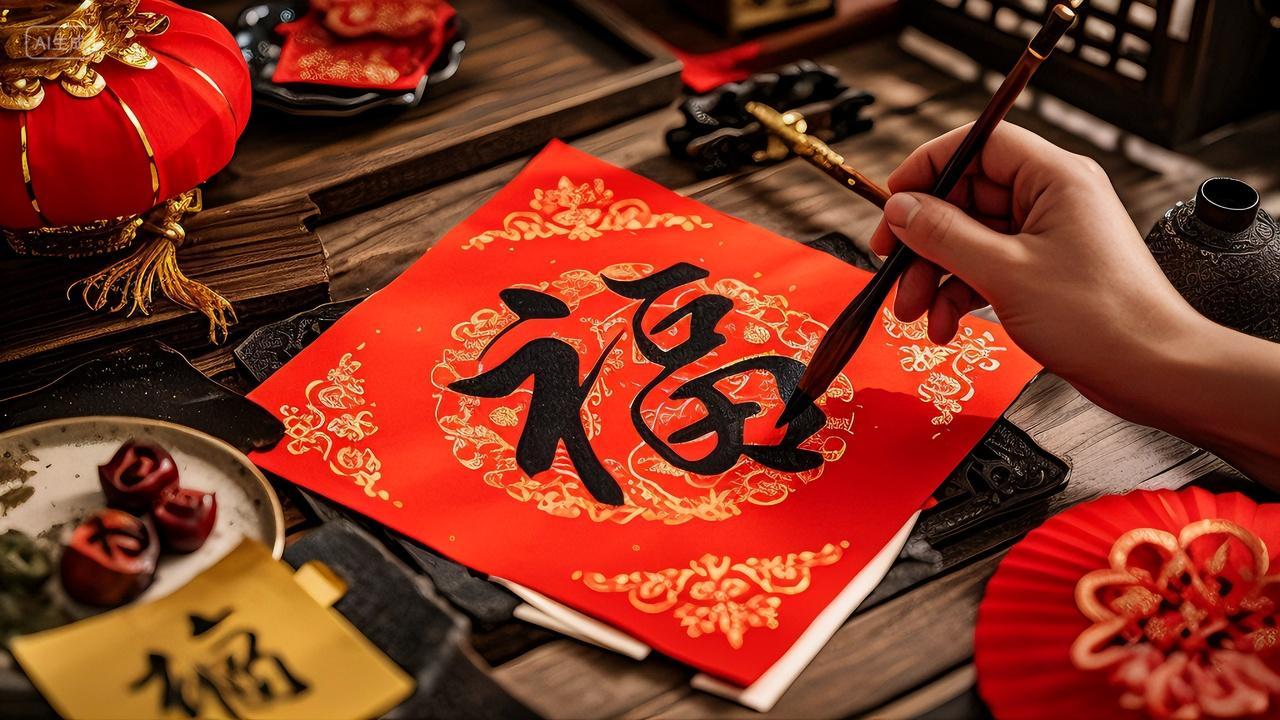 2025年新年蛇年春节毛笔书写福字春节喜庆背景