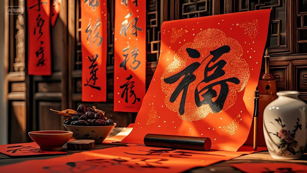 2025年新年蛇年书法毛笔写福字除夕年味图片