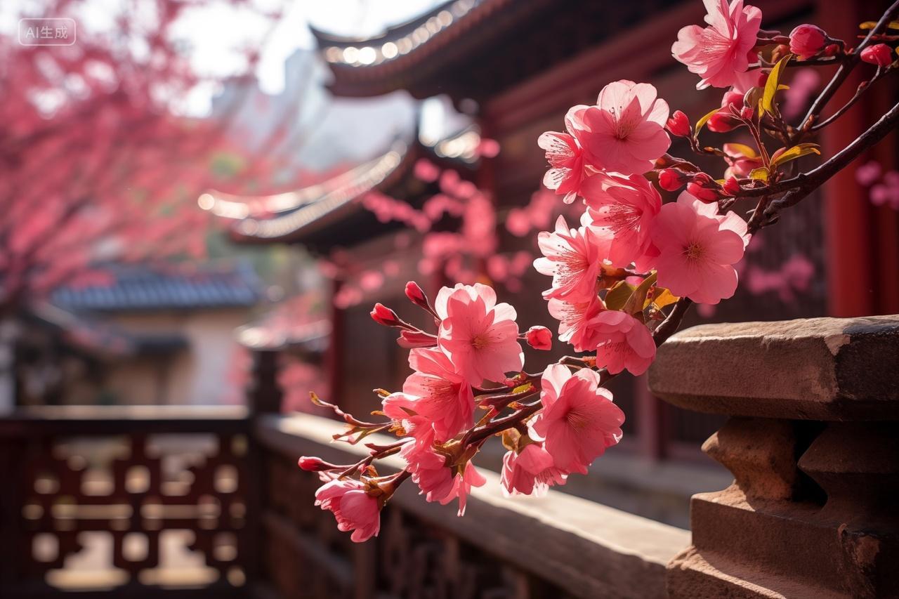 中国风意境春日古刹樱花盛开粉色花朵花瓣