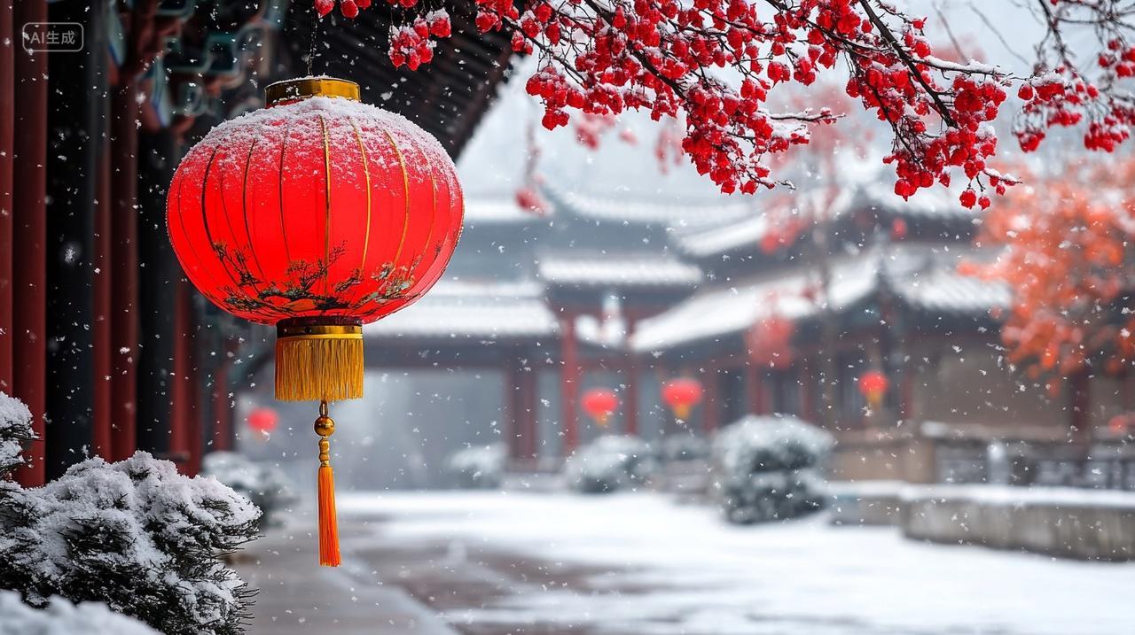 2025蛇年冬天雪中树枝上挂着的红色红灯笼新年春节新春节日喜庆