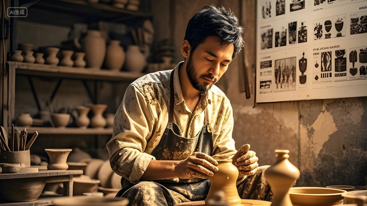 传统陶艺匠人制作陶瓷艺术品中国风文化传承场景