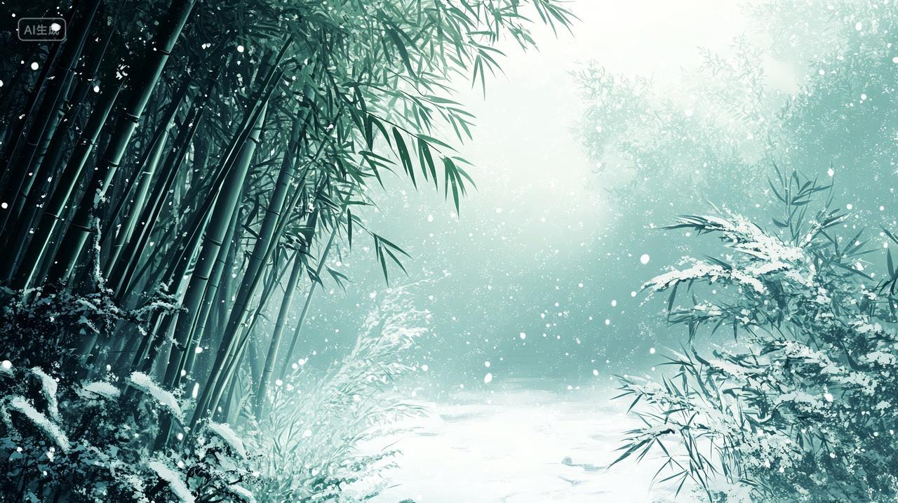 竹林在大雪和浓雾的交织中若隐若现如同被自然之手轻抚的神秘面纱