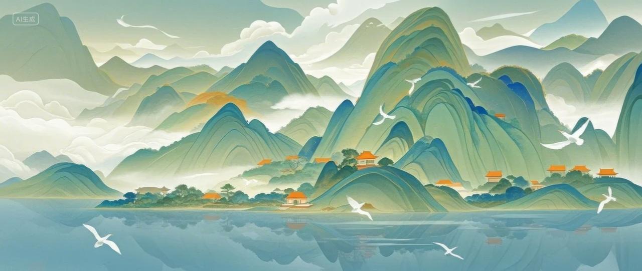 中国风水墨山水画大雁山峰绿水青山风景背景图