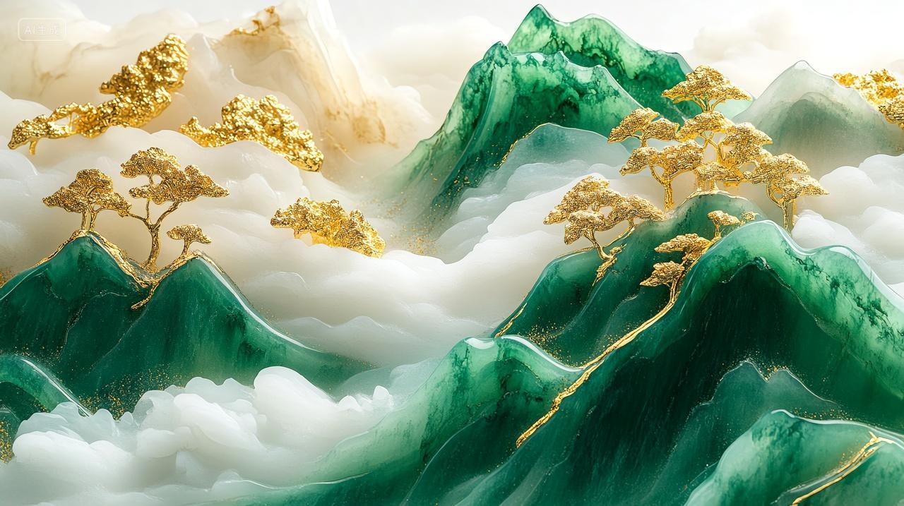 玉润金辉中国风山水画中的金镶玉雕