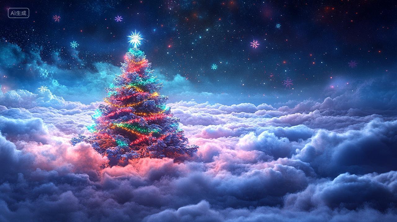 西方节日圣诞节云层之上的璀璨圣诞树背景图