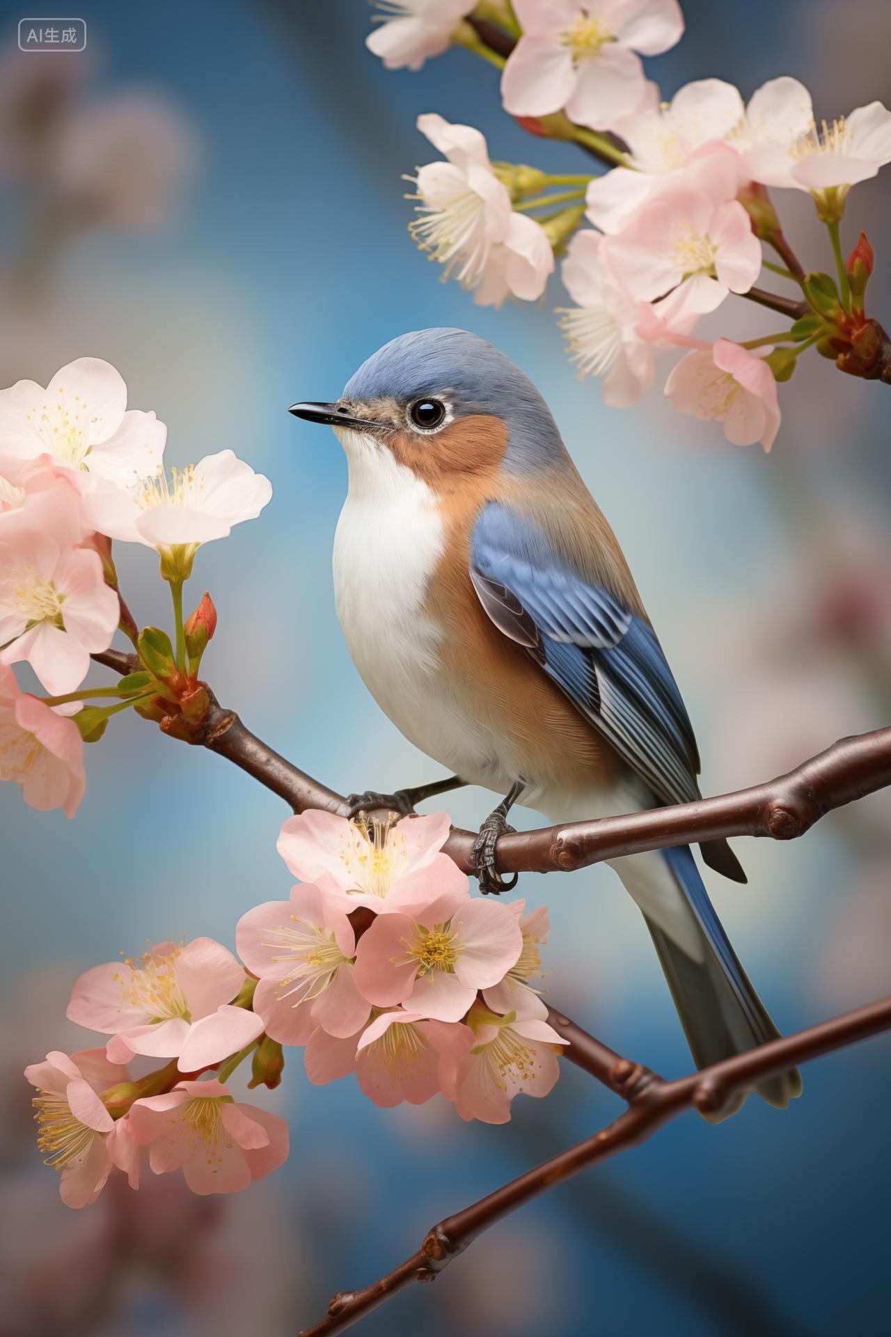 春日鸟语花香春天樱花花朵鸟类动物停在枝干上手机壁纸背景