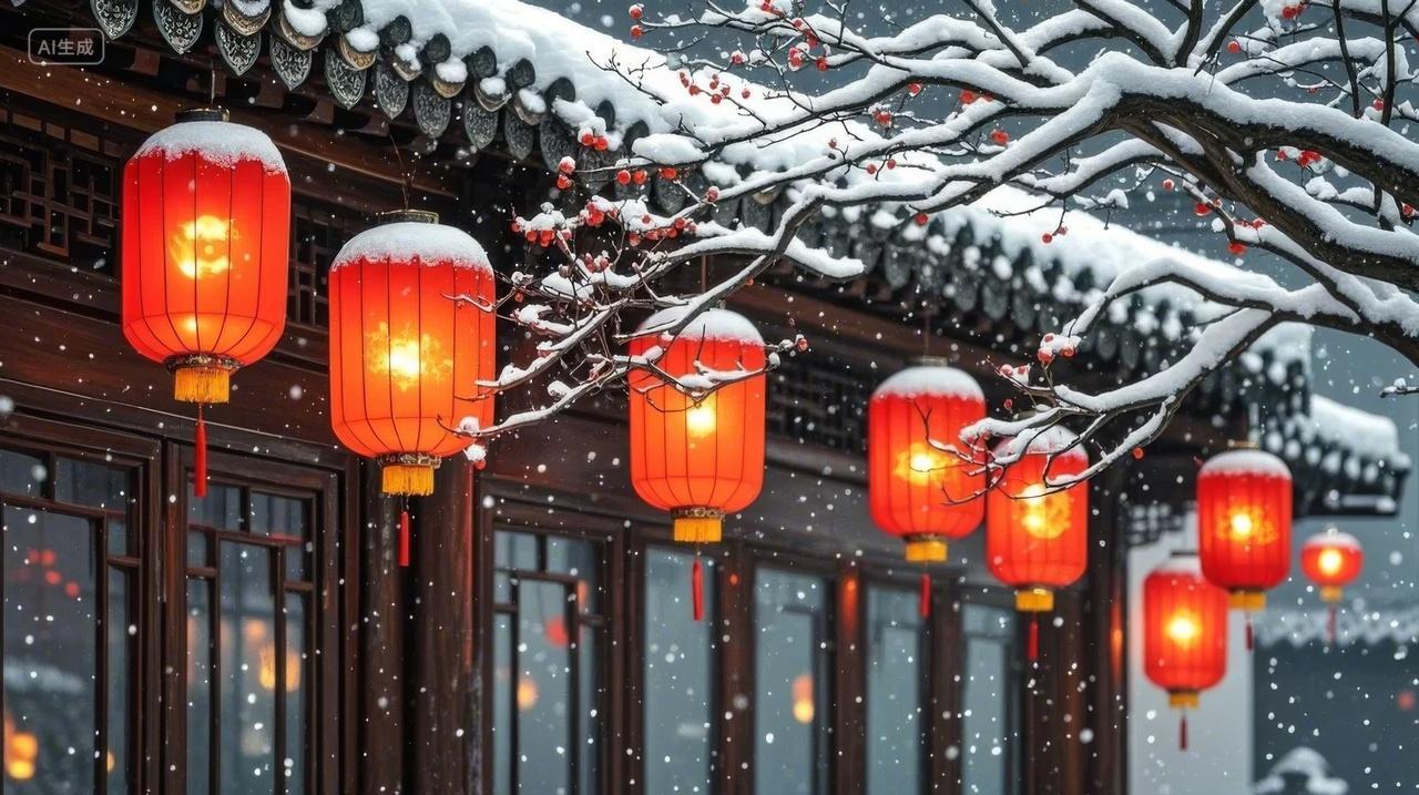 2025蛇年新年大雪节气腊梅红灯笼中式建筑雪景过年春节除夕