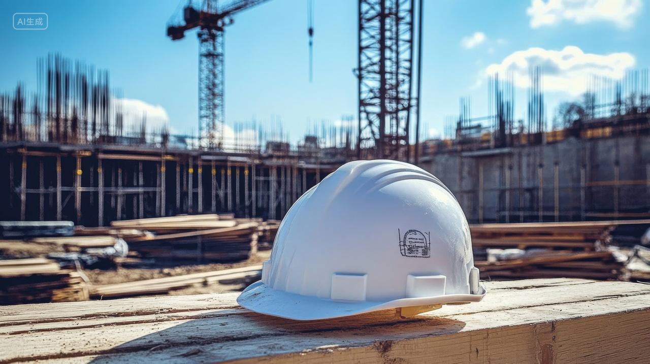 建筑工地上正在施工一个白色的安全帽房地产安全生产