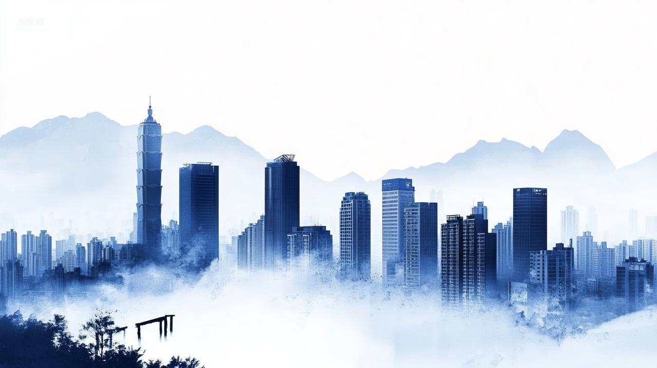 雾都山峦间的摩天高楼蓝色调城市剪影