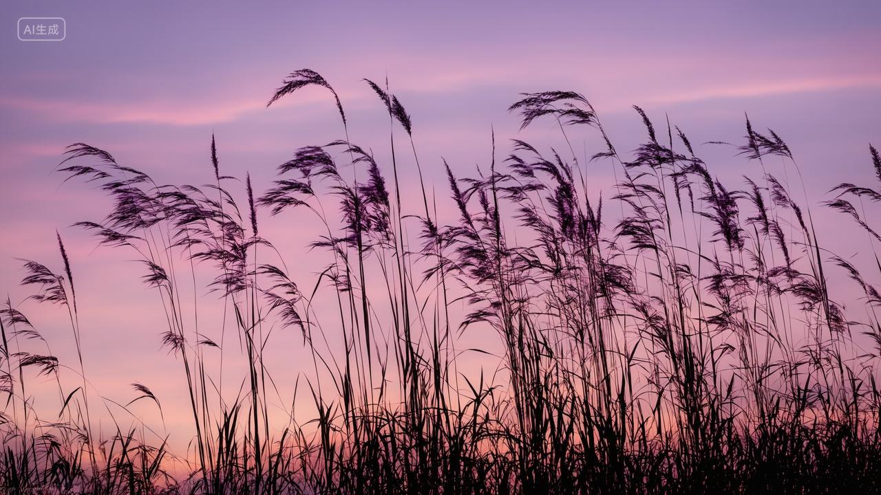粉紫晚霞下风中摇曳芦苇丛芦花荡浪漫唯美壁纸背景图