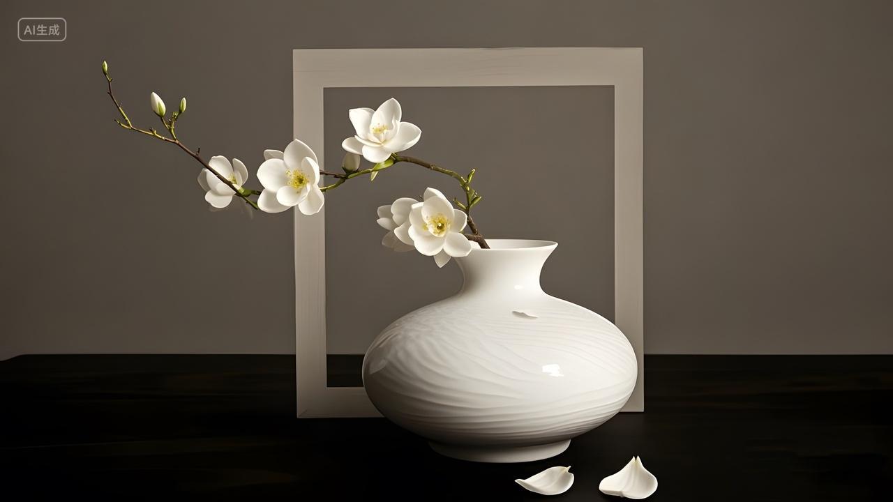 素白陶瓷花瓶与花艺装饰中国风传统文化艺术摆件