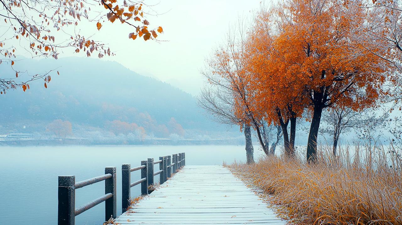 自然冬日冬天冬季大雪小雪大寒小寒冬至湖边的积雪冰雪木桥意境风景冰雪风光摄影图