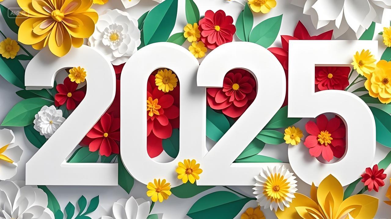 元旦节2025蛇年花卉环绕立体数字新年图