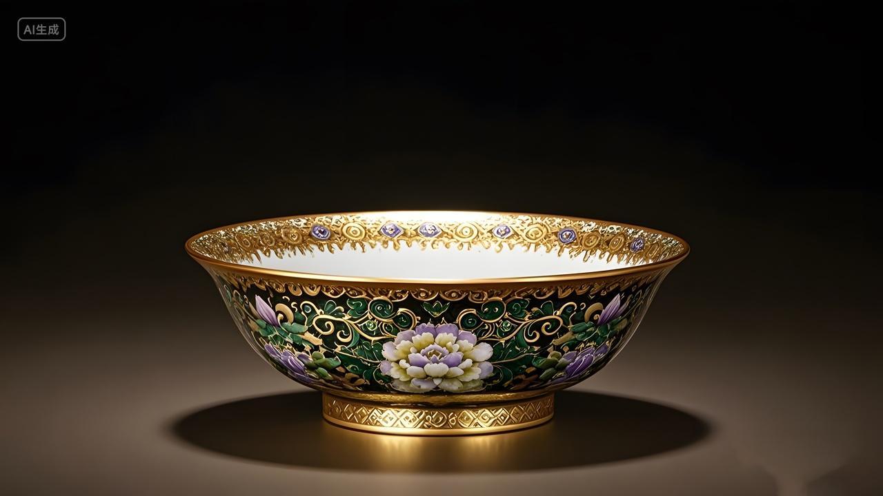 金边粉彩花卉纹陶瓷碗中国风传统文化艺术精品