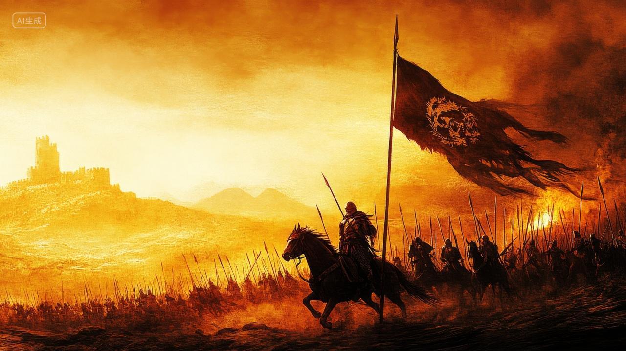 古代战争古代将军人物骑马带着军队在厮杀古风战场