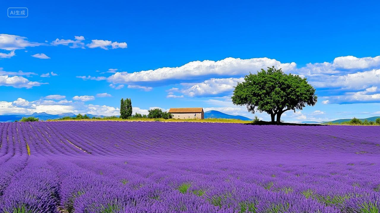 自然蓝天白云下一片薰衣草花田浪漫花海壁纸
