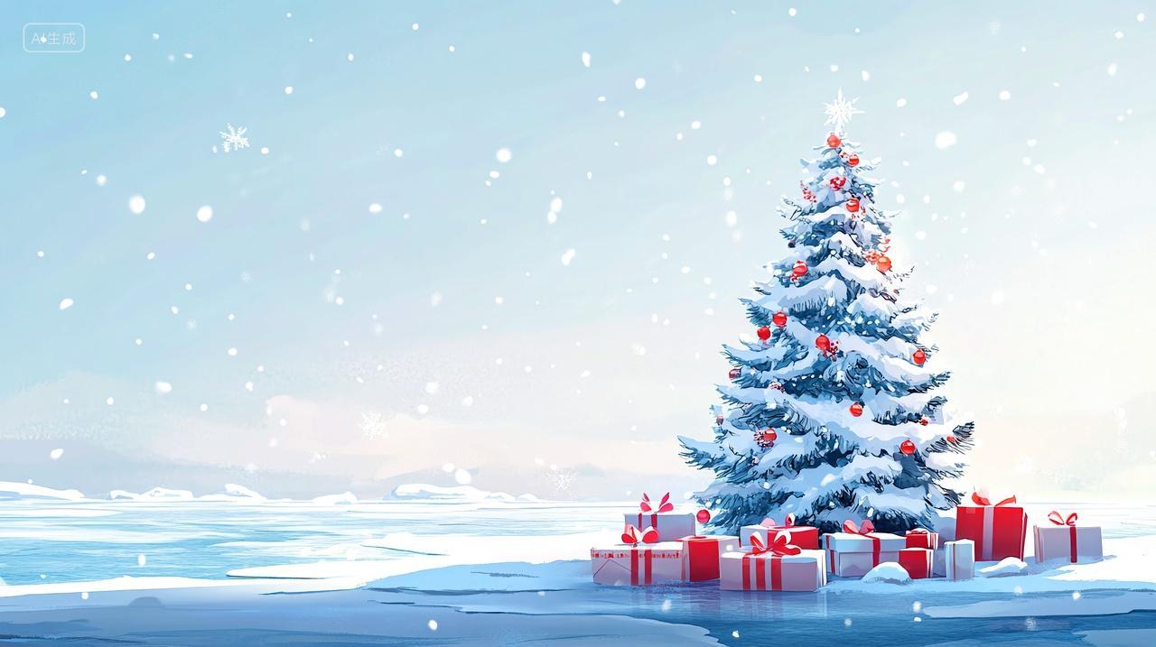 覆盖着雪的圣诞树矗立在冰冻湖岸上周围散布着礼品盒插画