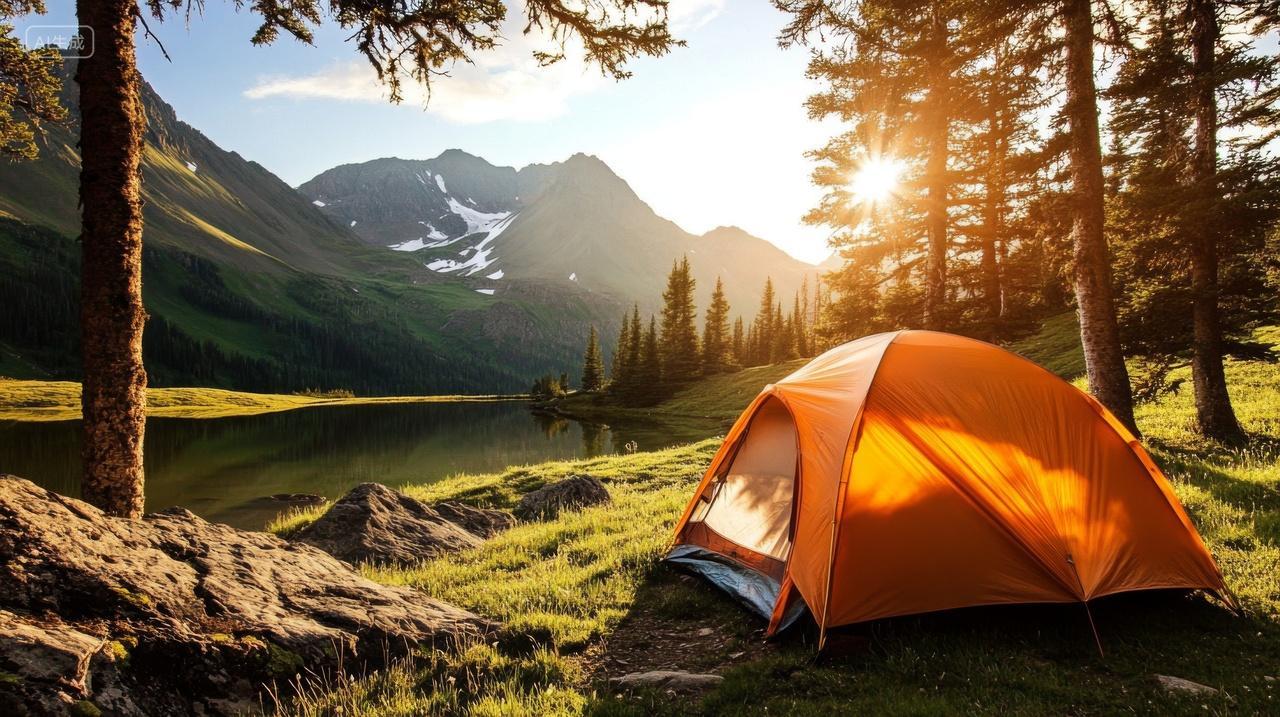 森林阳光下在户外露营搭建帐篷野餐野营户外生活